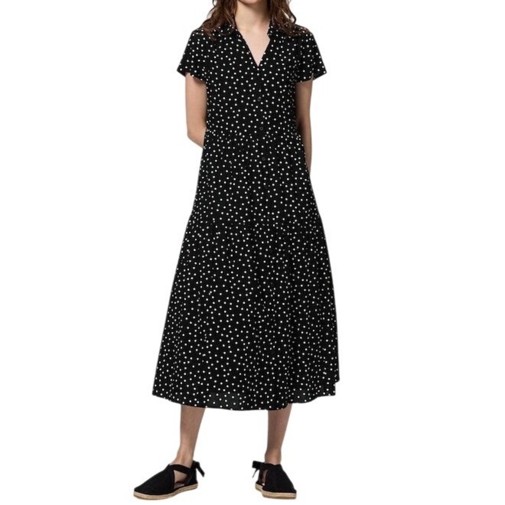 GU Polka Dot Midi Shirt Dress Sz Small Black White Button Front Minimalist